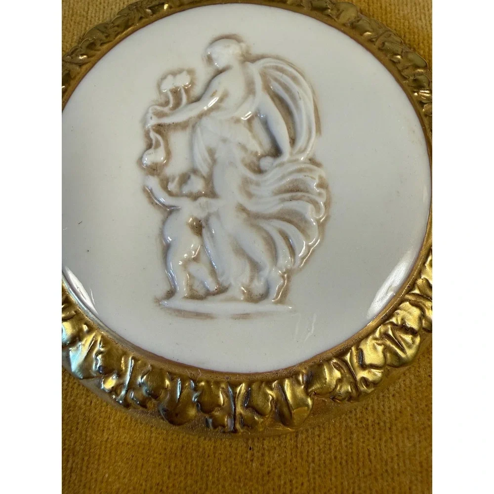 Vintage Italian Porcelain Cameo Wall Plaque • Brass Relief Velvet Wall Hanging